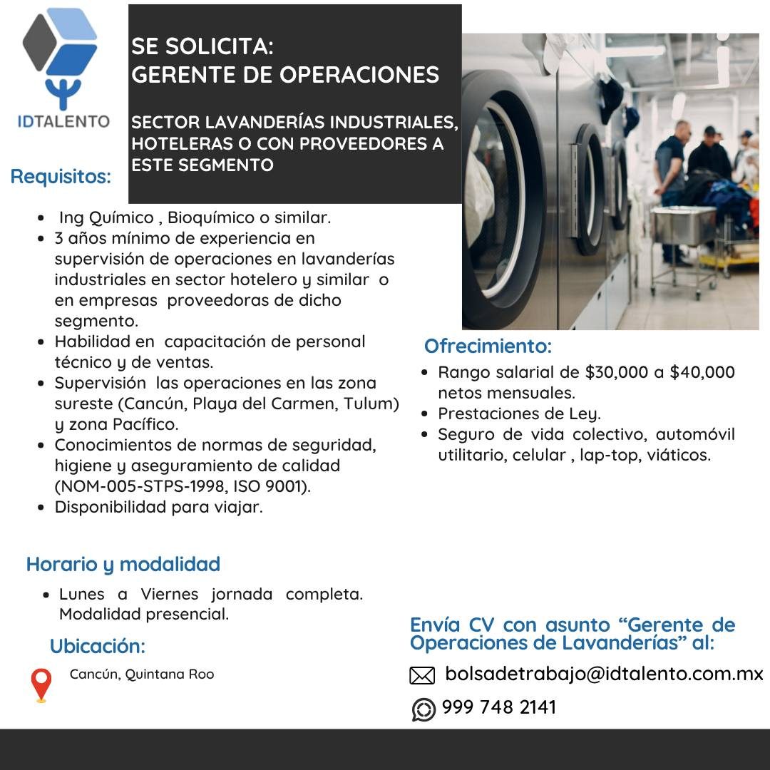 Banner del anuncio de la vacante: IDTALENTO · SE SOLICITA: · GERENTE DE OPERACIONES · SECTOR LAVANDERÍAS INDUSTRIALES, · HOTELERAS O CON PROVEEDORES A · ESTE SEGMENTO · Requi