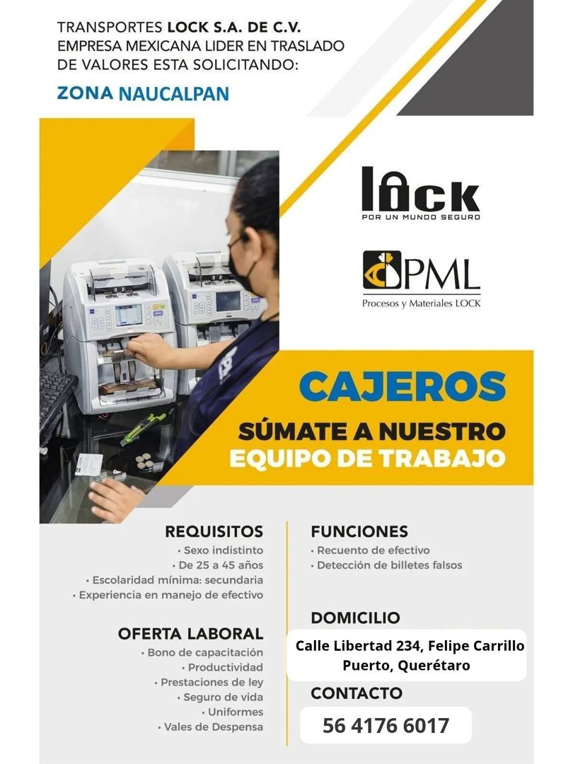 Banner del anuncio de la vacante: TRANSPORTES LOCK S.A. DE C.V. · EMPRESA MEXICANA LIDER EN TRASLADO · DE VALORES ESTA SOLICITANDO: · ZONA NAUCALPAN · lack · POR UN MUNDO SEG