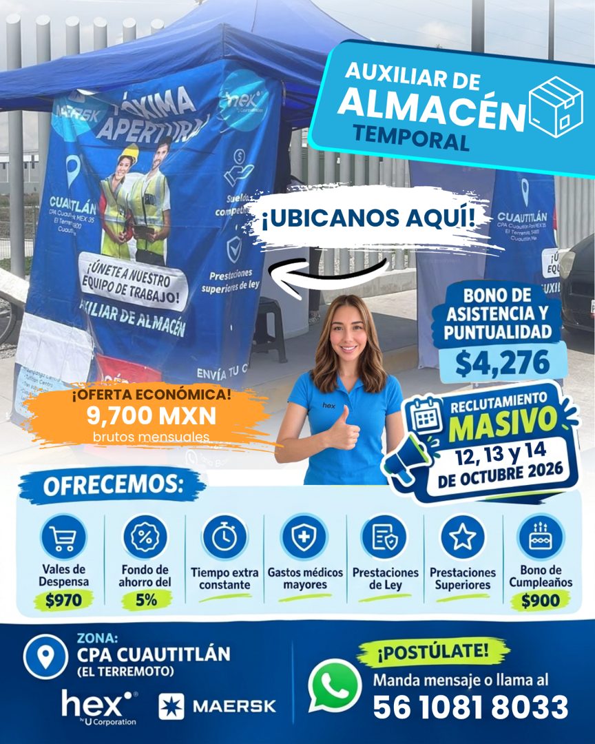 Banner del anuncio de la vacante: 147R5K DOVIMA · APERTO? · AUXILIAR DE · ALMACÉN · TEMPORAL · CUATLÁN · CON QUOUHE MEX 35 · El Terren c300 · ¡ÚNETE A NUESTRO · EQUIPO DE TRA