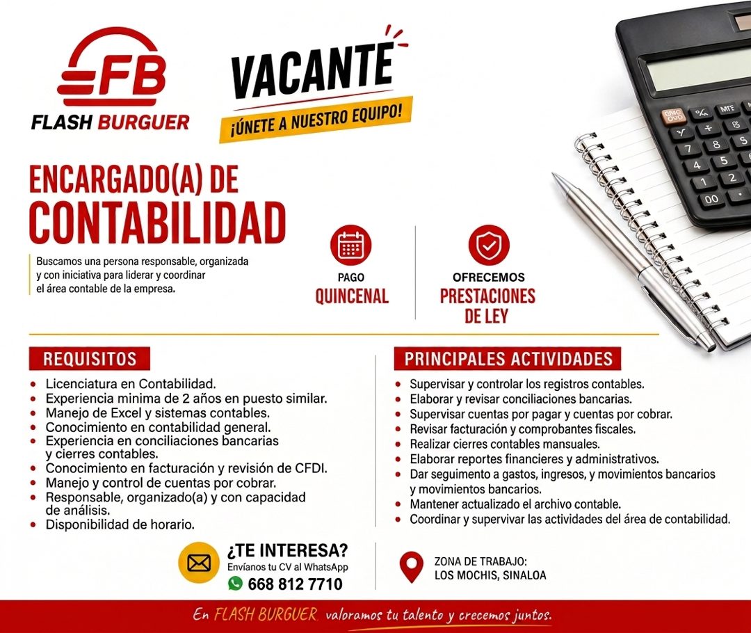 Banner del anuncio de la vacante: :FB · FLASH BURGUER · VACANTE · ¡ÚNETE A NUESTRO EQUIPO! · MITE · ENCARGADO(A) DE · CONTABILIDAD · Buscamos una persona responsable, organiz