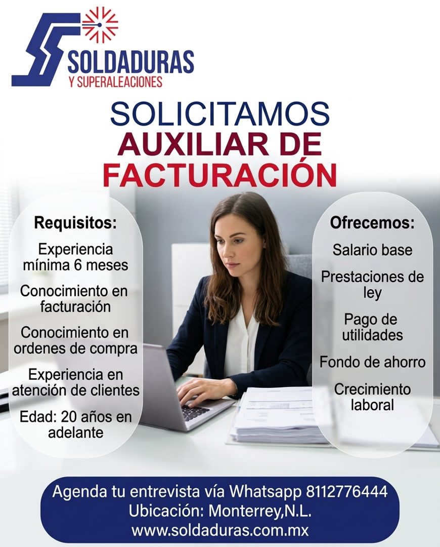 Banner del anuncio de la vacante: SOLDADURAS · Y SUPERALEACIONES · SOLICITAMOS · AUXILIAR DE · FACTURACIÓN · Requisitos: · Experiencia · mínima 6 meses · Conocimiento en · fa
