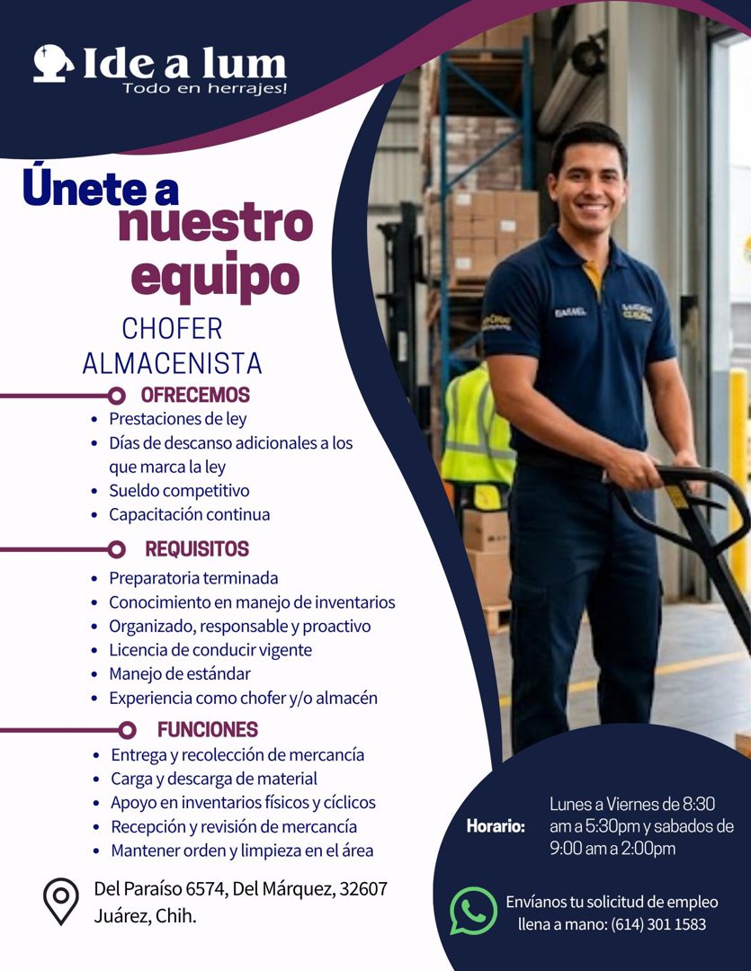 Banner del anuncio de la vacante: Se Ide a lum · Todo en herrajes! · Únete a · nuestro · equipo · CHOFER · ALMACENISTA · OFRECEMOS · • Prestaciones de ley · • Días de descans