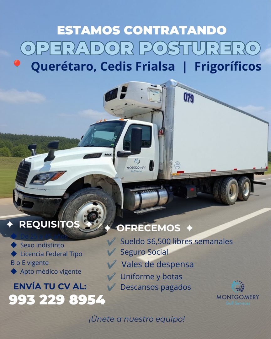 Banner del anuncio de la vacante: ESTAMOS CONTRATANDO · OPERADOR POSTURERO · Querétaro, Cedis Frialsa | Frigoríficos · 079 · NON'CONUTY · REQUISITOS · • De 25 a -maños · Sexo