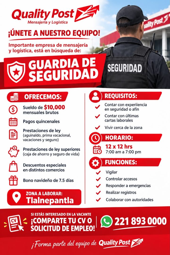 Banner del anuncio de la vacante: Quality Post · Mensajería y Logística · ¡ÚNETE A NUESTRO EQUIPO! · Importante empresa de mensajería · y logística, está en búsqueda de: · GU