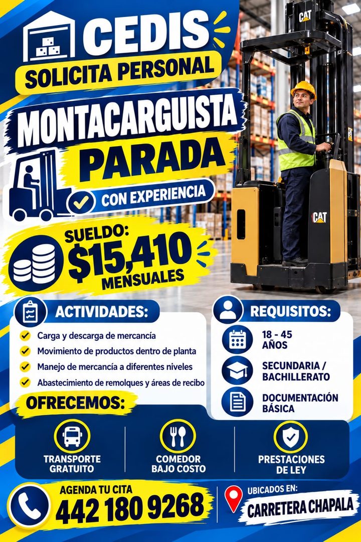 Banner del anuncio de la vacante: ICEDIS- · SOLICITA PERSONAL · MONTACARGUISTA · PARADA · CON EXPERIENCIA · SUELDO: · $15.410 · MENSUALES · ACTIVIDADES: · Carga y descarga de
