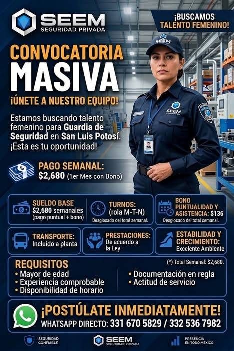 Banner del anuncio de la vacante: SEEM · SEGURIDAD PRIVADA · CONVOCATORIA · MASIVA · ¡ÚNETE A NUESTRO EQUIPO! · Estamos buscando talento · femenino para Guardia de · Segurida