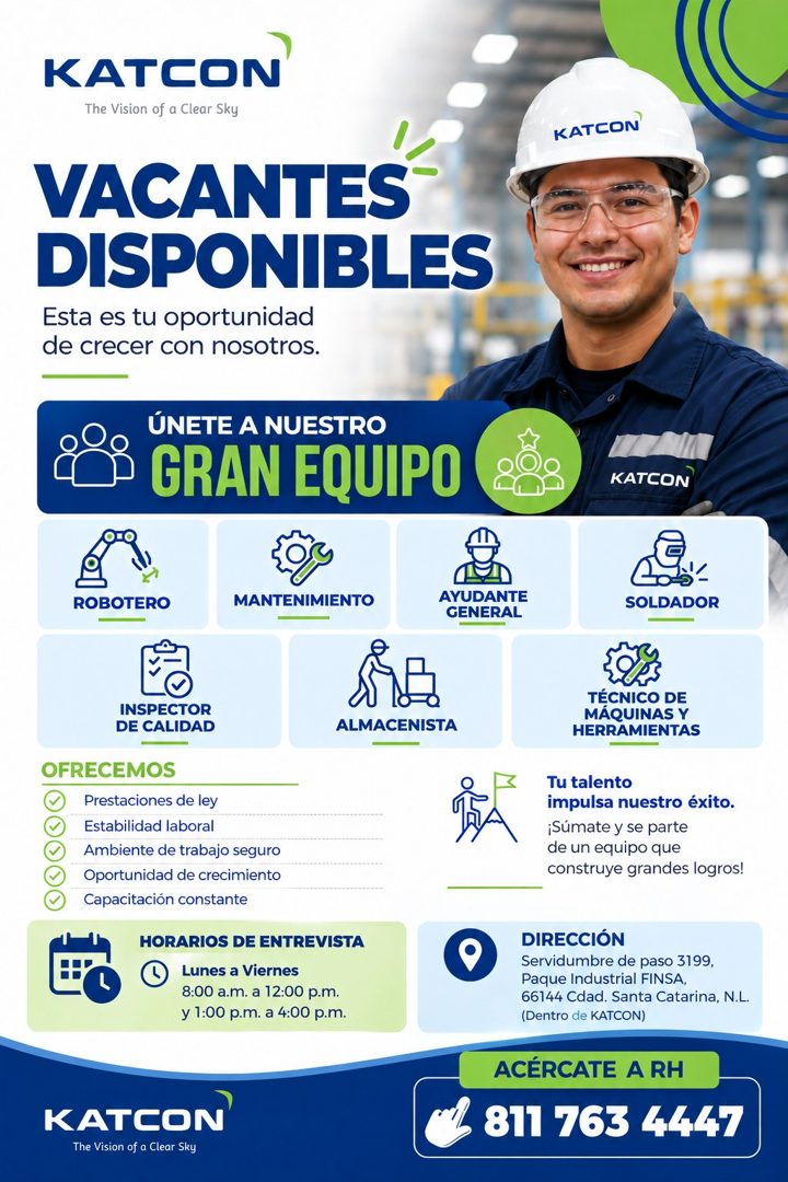 Banner del anuncio de la vacante: KATCON · The Vision of a Clear Sky · KATCON · VACANTES · DISPONIBLES · Esta es tu oportunidad · de crecer con nosotros. · ÚNETE A NUESTRO · 