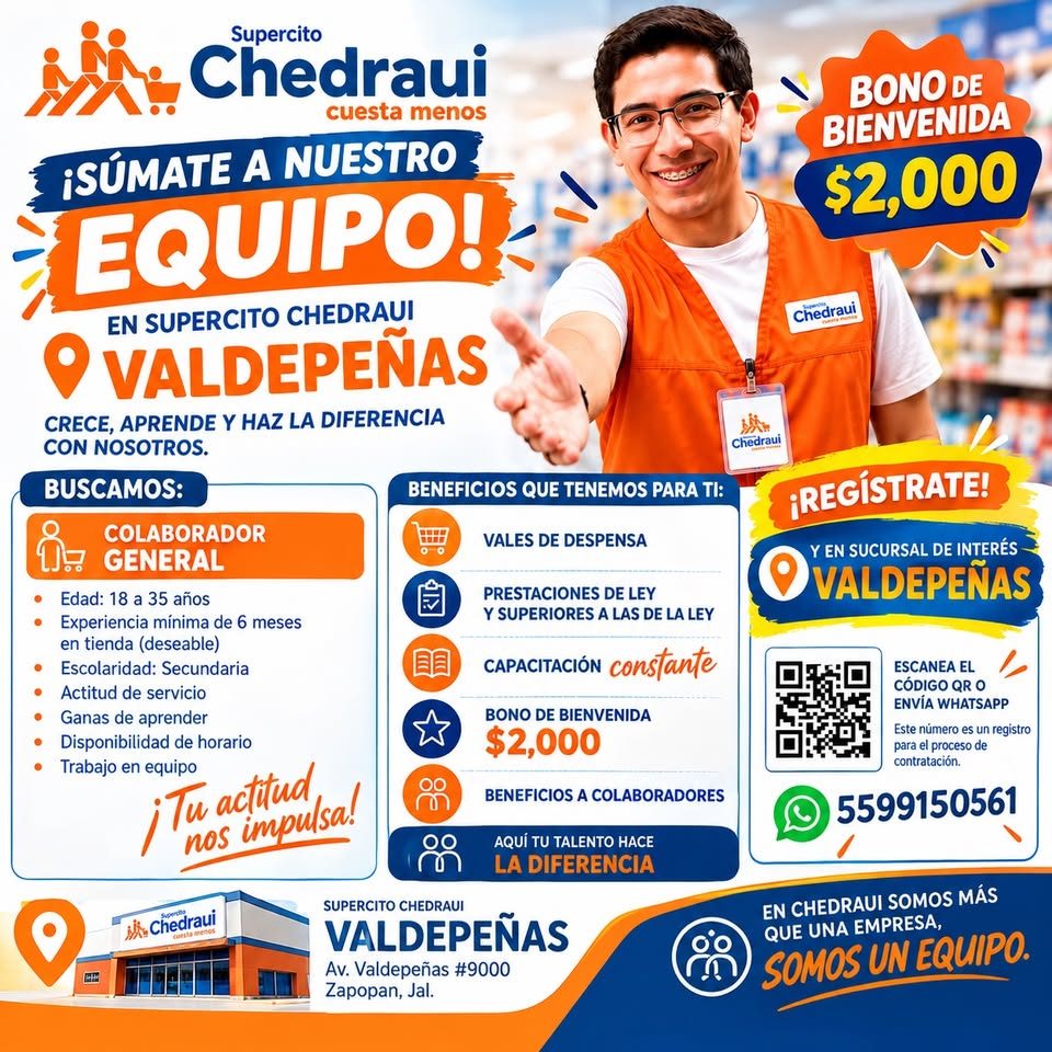 Banner del anuncio de la vacante: Supercito · Chedraui · cuesta menos · ¡SÚMATE A NUESTRO · EQUIPO! · EN SUPERCITO CHEDRAUI · • VALDEPEÑAS · CRECE, APRENDE Y HAZ LA DIFERENCI