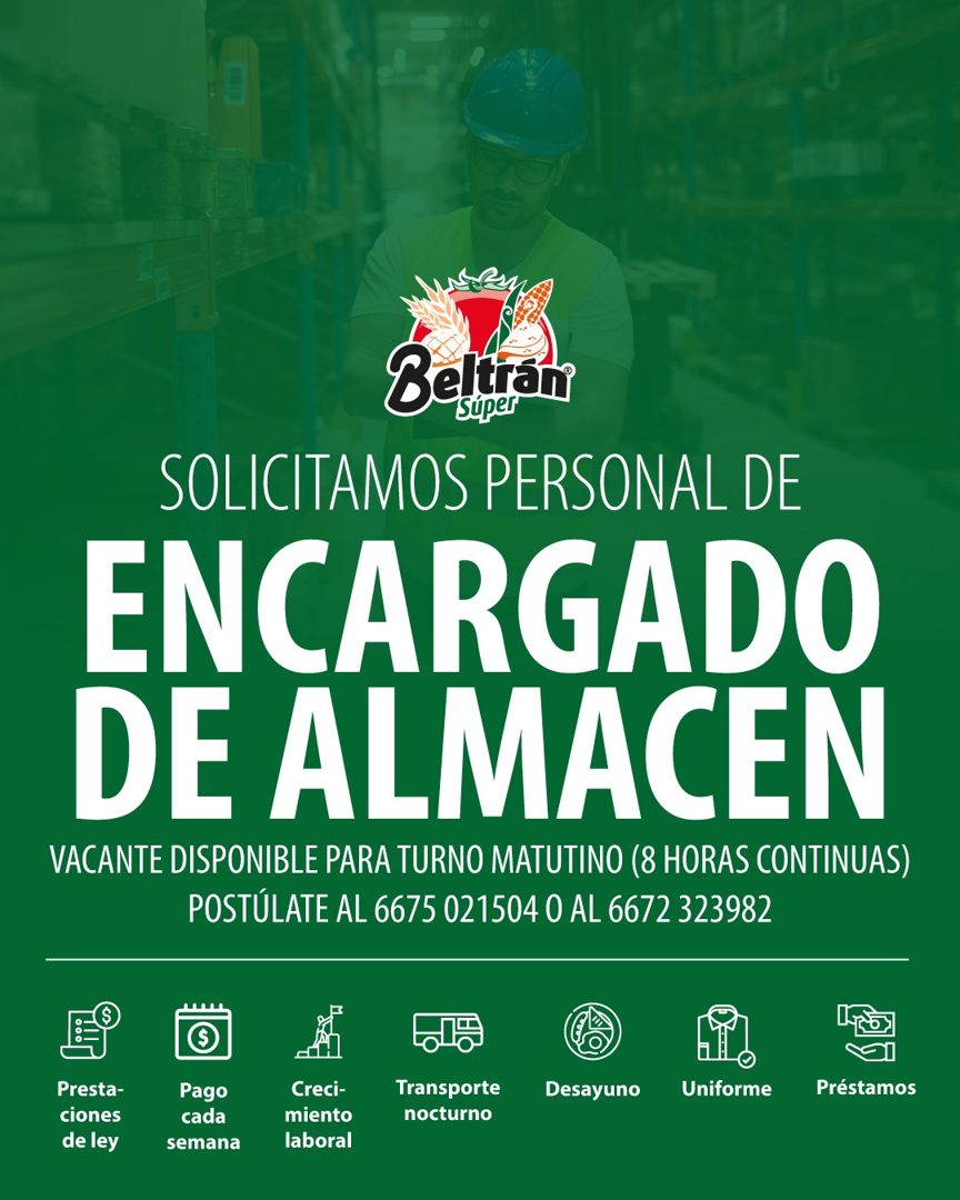 Banner del anuncio de la vacante: Beltrán · Súper · SOLICITAMOS PERSONAL DE · ENCARGADO · DE ALMACEN · VACANTE DISPONIBLE PARA TURNO MATUTINO (8 HORAS CONTINUAS) · POSTÚLATE 