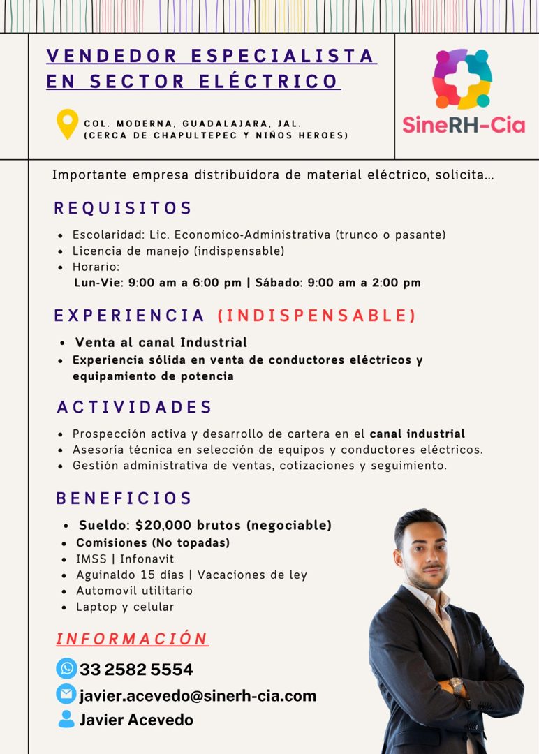 Banner del anuncio de la vacante: VENDEDOR ESPECIALISTA · EN SECTOR ELÉCTRICO · COL. MODERNA, GUADALAJARA, JAL. · (CERCA DE CHAPULTEPEC Y NIÑOS HEROES) · SineRH-Cia · Importa