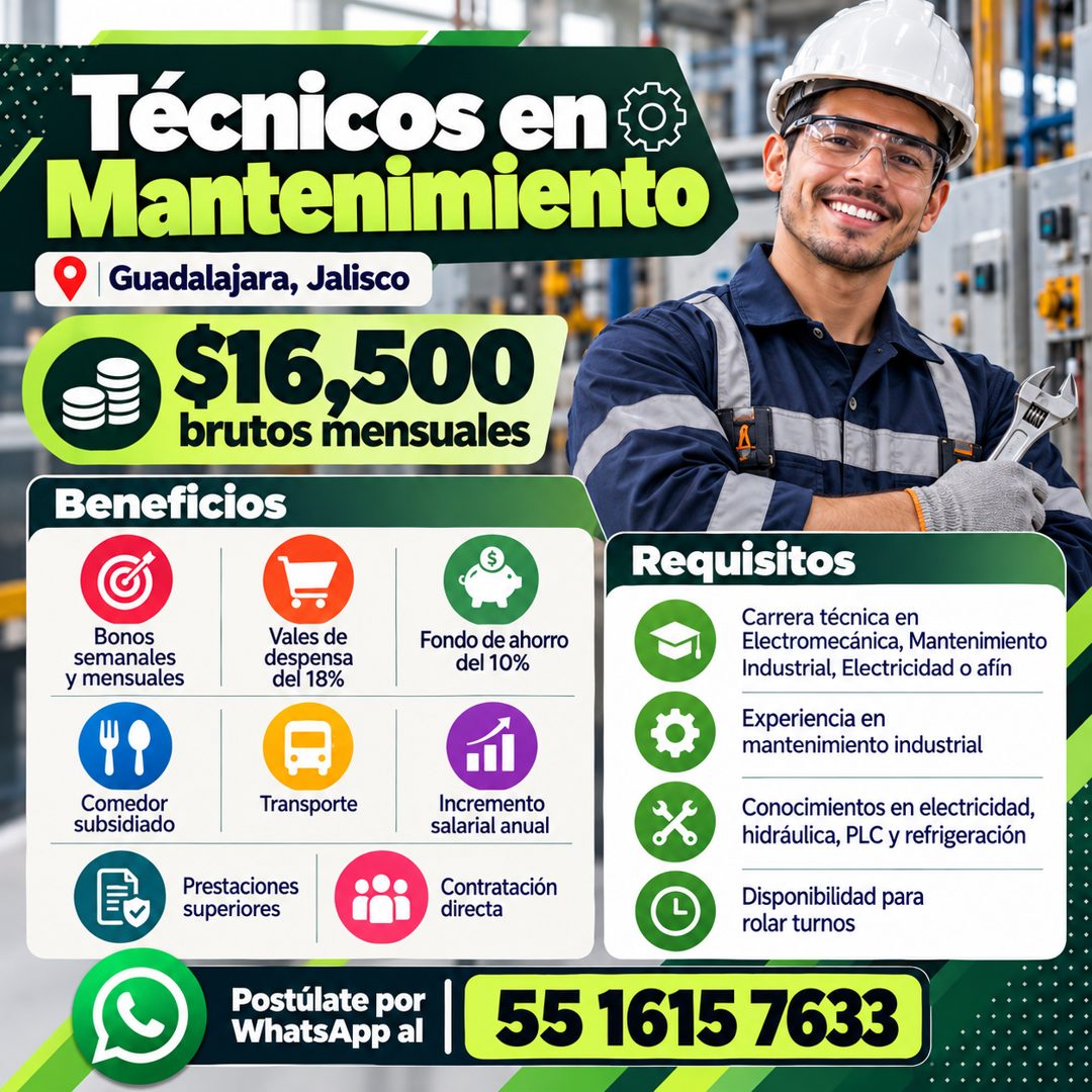 Banner del anuncio de la vacante: Técnicos en « · Mantenimiento · Guadalajara, Jalisco · 516,500 · orutos mensual es · Beneficios · Bonos · semanales · y mensuales · Vales de