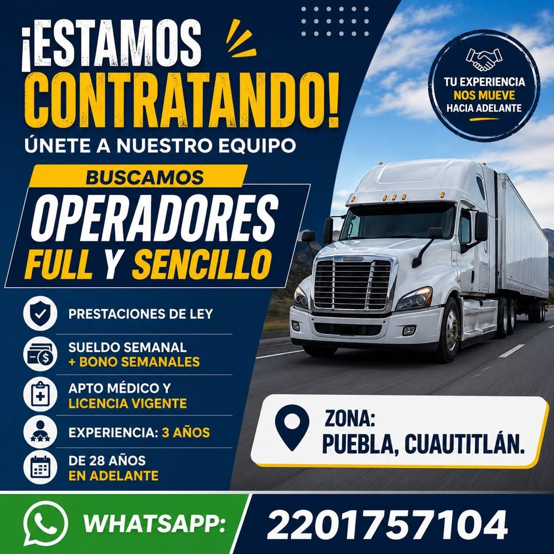 Banner del anuncio de la vacante: FESTAMOS · CONTRATANDO! · ÚNETE A NUESTRO EQUIPO · BUSCAMOS · OPERADORES · FULL Y SENCILLO · PRESTACIONES DE LEY · $ · SUELDO SEMANAL · + BO