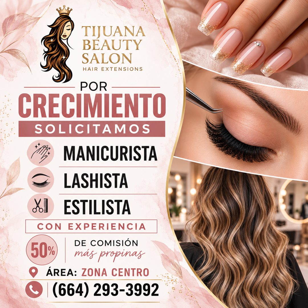 Banner del anuncio de la vacante: TIJUANA · BEAUTY · SALON · HAIR EXTENSIONS · POR · CRECIMIENTO · SOLICITAMOS · MANICURISTA · LASHISTA · ESTILISTA · CON EXPERIENCIA · 50% · 