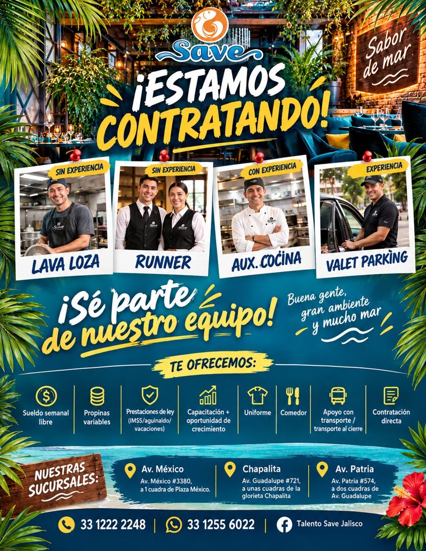 Banner del anuncio de la vacante: SIN EXPERIENCIA · Save. · -¡ESTAMOS · CONTRATANDO! · SIN EXPERIENCIA · CON EXPERIENCIA · 15 · de mar · Sabor · EXPERIENCIA · LAVA LOZA · RUN