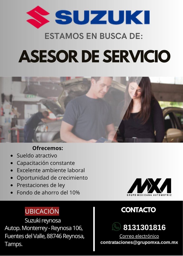 Banner del anuncio de la vacante: SUZUKI · ESTAMOS EN BUSCA DE: · ASESOR DE SERVICIO · Ofrecemos: · • Sueldo atractivo · • Capacitación constante · • Excelente ambiente labor