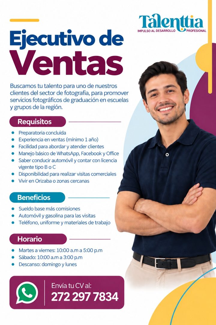 Banner del anuncio de la vacante: Talenttia · IMPULSO AL DESARROLLO · PROFESIONAL · Ejecutivo de · Ventas · Buscamos tu talento para uno de nuestros · clientes del sector de 