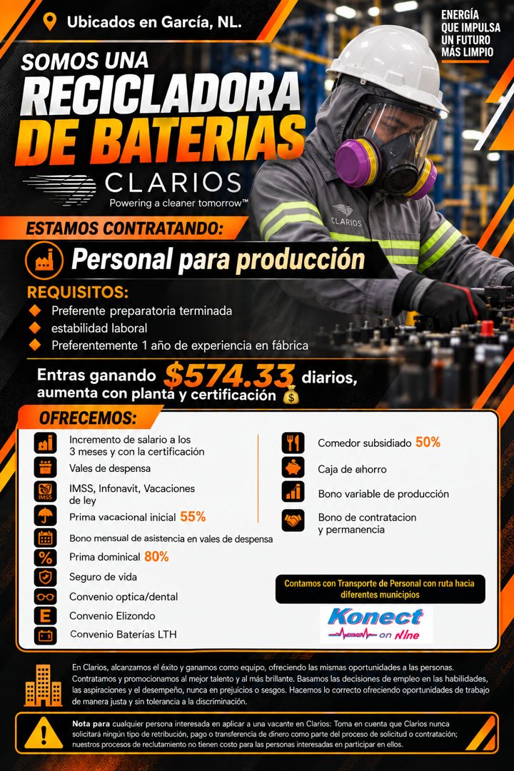 Banner del anuncio de la vacante: Ubicados en García, NL. · ENERGÍA · QUE IMPULSA · UN FUTURO · MÁS LIMPIO · SOMOS UNA · RECICLADORA · DE BATERIAS · CLARIOS · Powering a clea