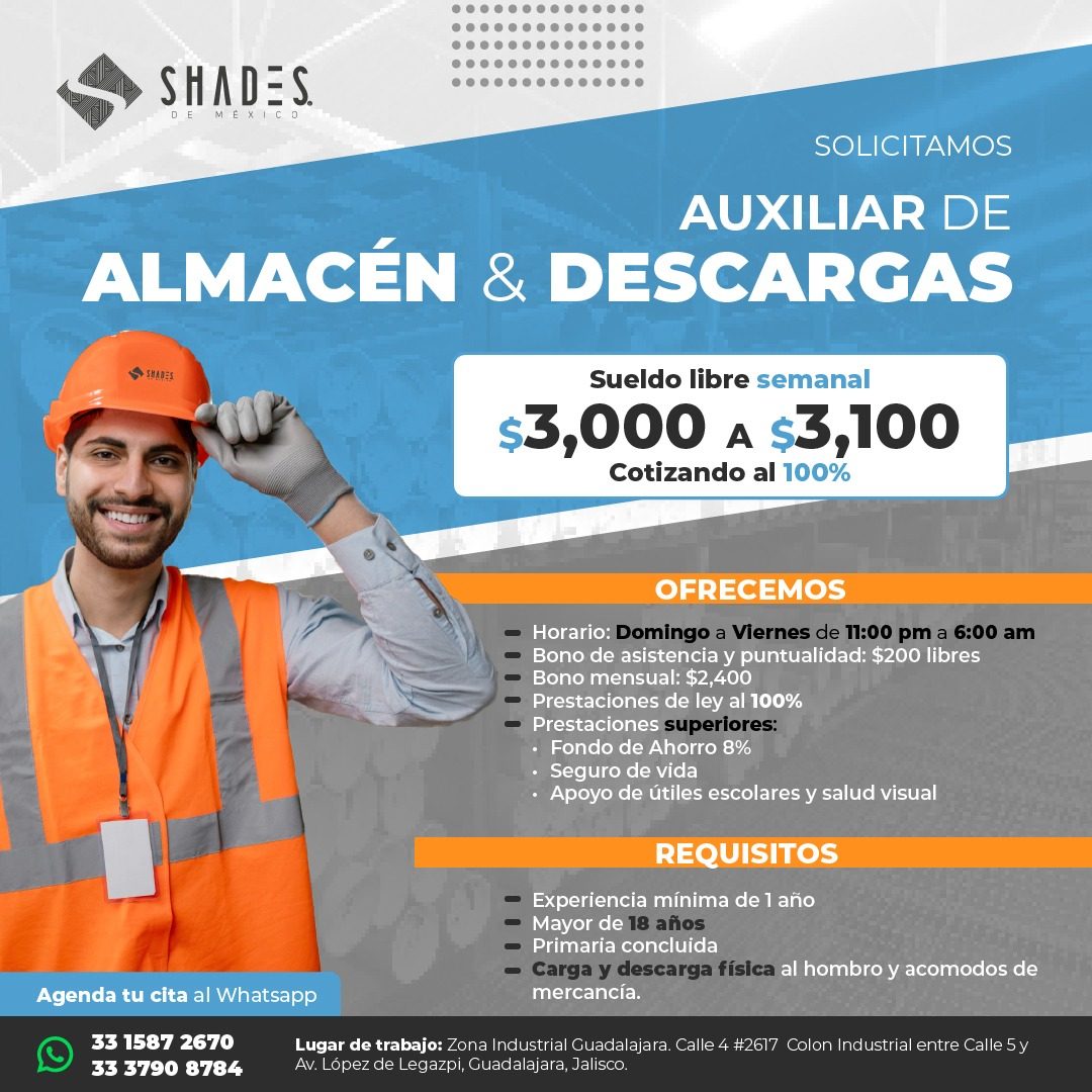 Banner del anuncio de la vacante: SHADE S. · M E · SOLICITAMOS · AUXILIAR DE · ALMACÉN & DESCARGAS · SPARES · Sueldo libre semanal · $3,000 A $3,100 · Cotizando al 100% · Age