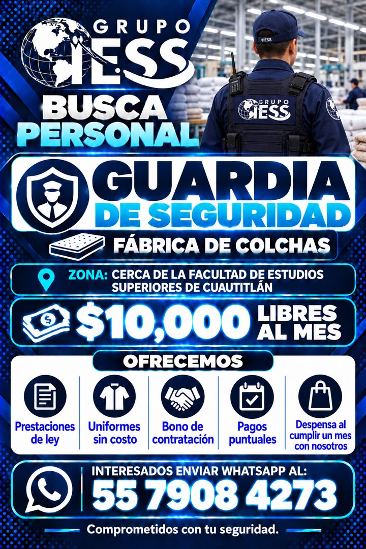 Banner del anuncio de la vacante: GRUPO · CIESS · cASS · BUSCA · GRUP · JESS · PERSONAL · EN GUARDIA · DE SEGURIDAD · FÁBRICA DE COLCHAS · ZONA: CERCA DE LA FACULTAD DE ESTUD