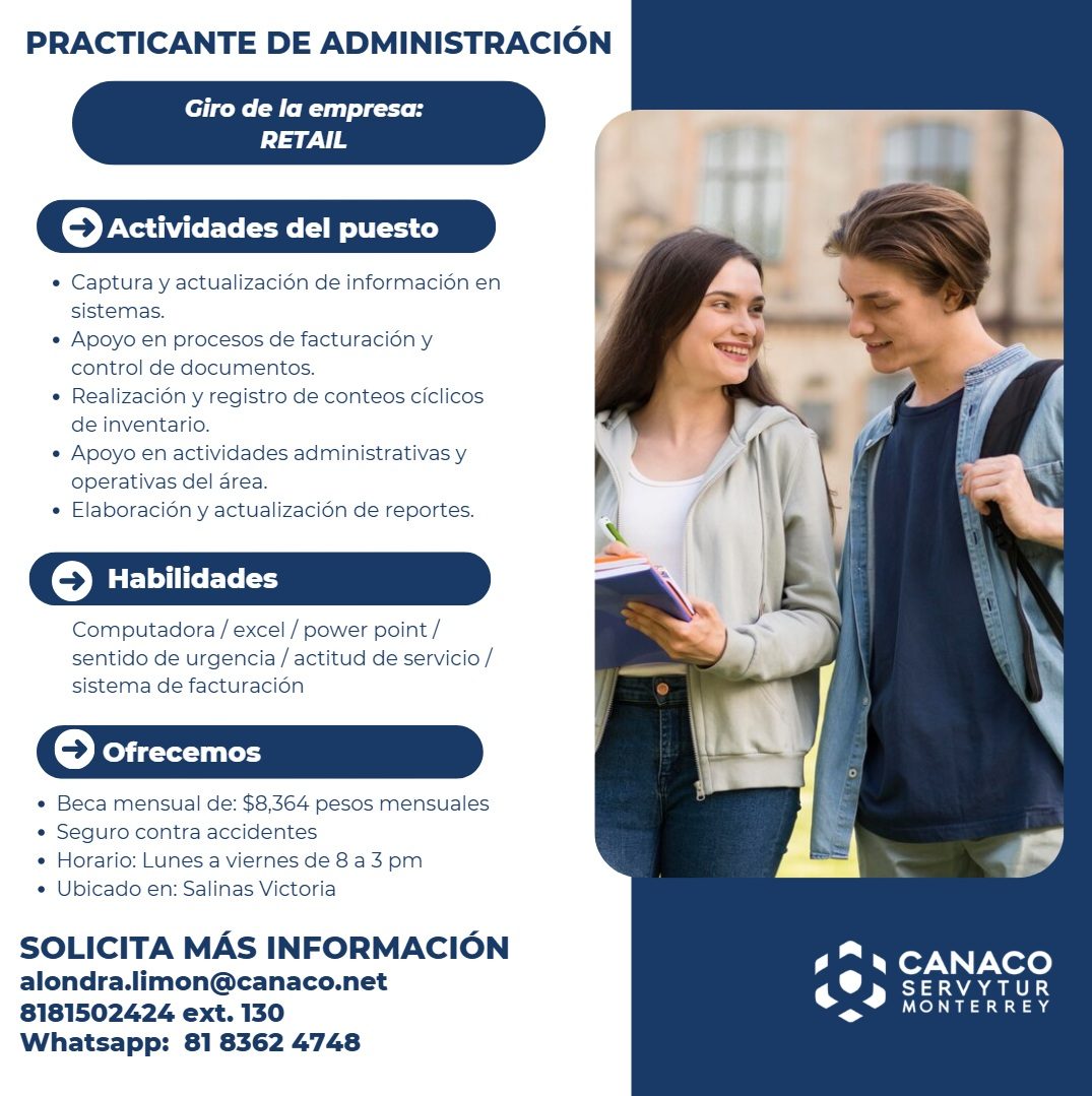 Banner del anuncio de la vacante: PRACTICANTE DE ADMINISTRACIÓN · Giro de la empresa: · RETAIL · Actividades del puesto · • Captura y actualización de información en · sistem