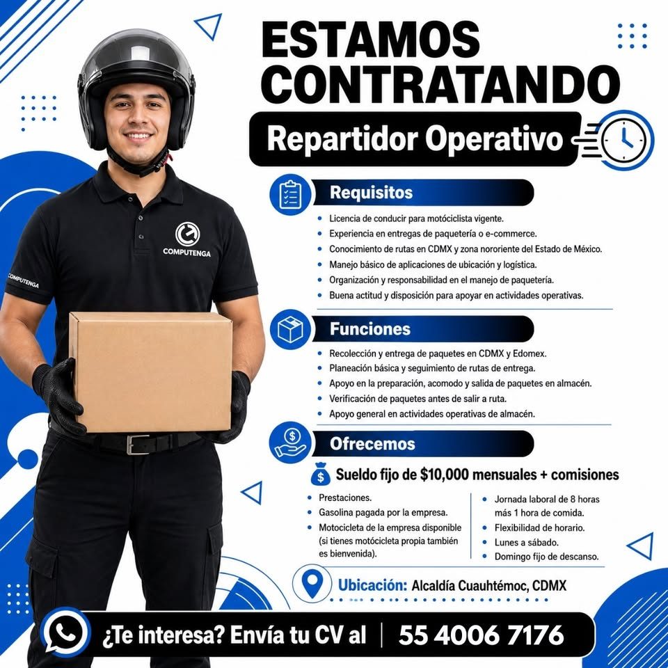 Banner del anuncio de la vacante: COMPUTENGA · COMPUTENGA · ESTAMOS · CONTRATANDO · Repartidor Operativo · E Requisitos · • Licencia de conducir para motóciclista vigente. · 