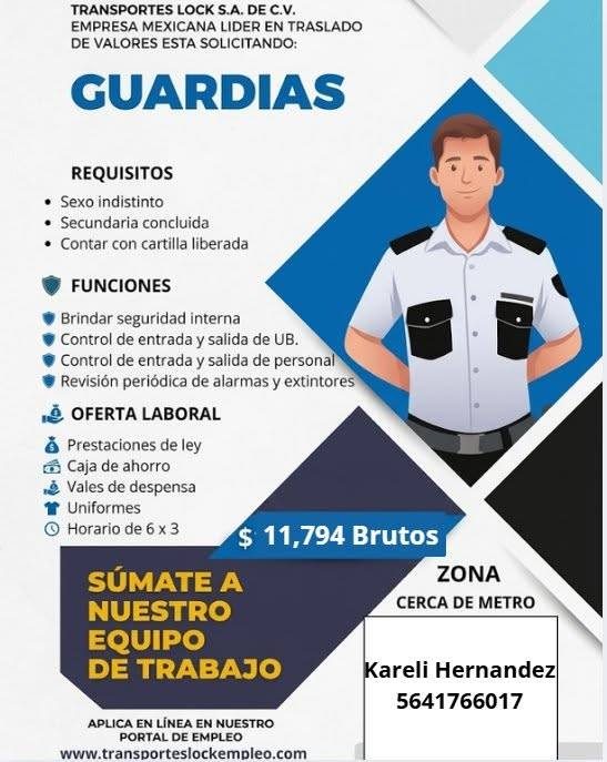 Banner del anuncio de la vacante: TRANSPORTES LOCK S.A. DE C.V. · EMPRESA MEXICANA LIDER EN TRASLADO · DE VALORES ESTA SOLICITANDO: · GUARDIAS · REQUISITOS · • Sexo indistint