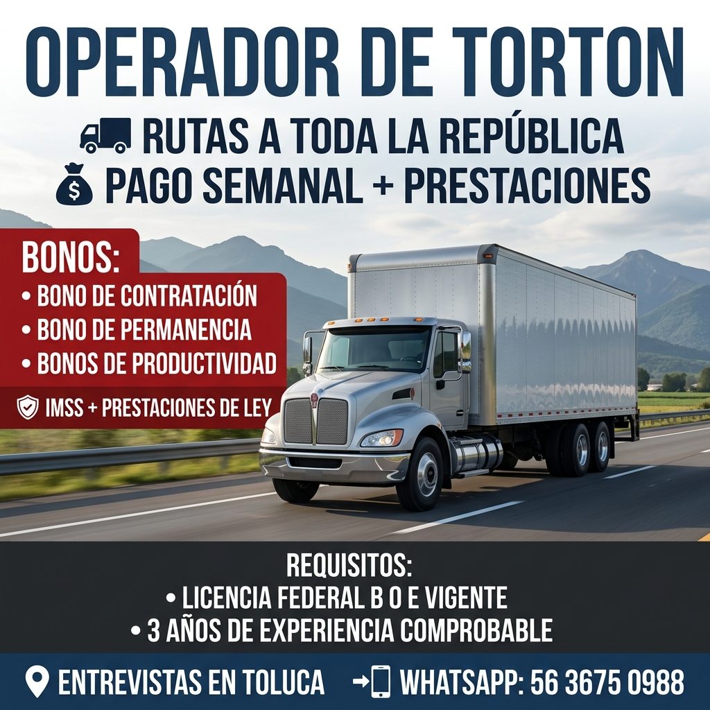 Banner del anuncio de la vacante: OPERADOR DE TORTON · a RUTAS A TODA LA REPÚBLICA · PAGO SEMANAL + PRESTACIONES · BONOS: · • BONO DE CONTRATACIÓN · • BONO DE PERMANENCIA · •