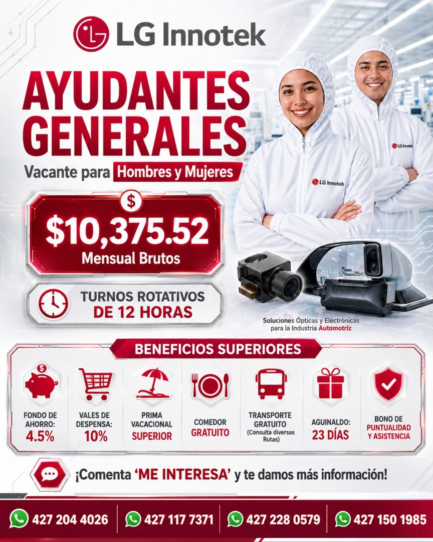 Banner del anuncio de la vacante: LG Innotek · AYUDANTES · GENERALES · Vacante para Hombres y Mujeres · $ · $10,375.52 · Mensual Brutos · 6D LG Innotrk · C LG Innotek · TURNO
