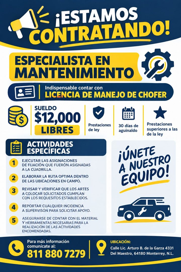 Banner del anuncio de la vacante: ¡ESTAMOS · CONTRATANDO! · 1 · 2 · 3 · 4 · 5 · ESPECIALISTA EN · MANTENIMIENTO · Indispensable contar con · LICENCIA DE MANEJO DE CHOFER · SU