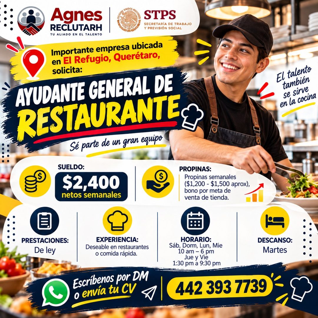 Banner del anuncio de la vacante: Agnes · RECLUTARH · TU ALIADO EN EL TALENTO · STPS · SECRETARÍA DE TRABAJO · Y PREVISIÓN SOCIAL · Importante empresa ubicada · en El Refugio