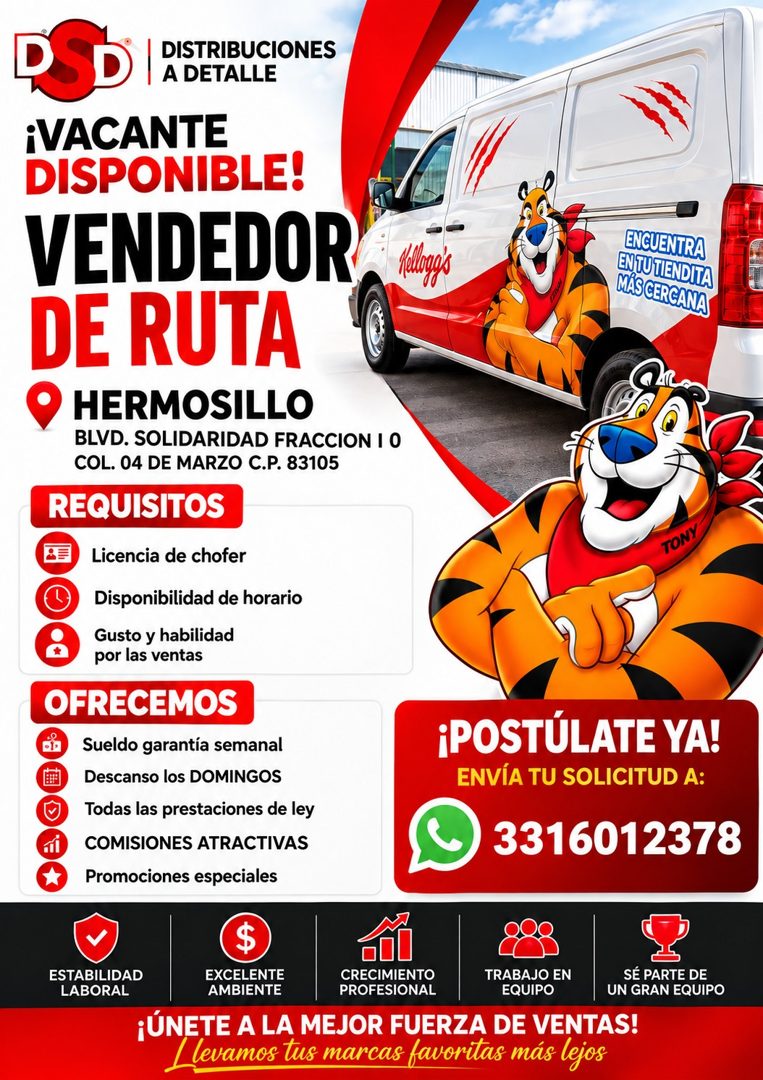 Banner del anuncio de la vacante: DSD · DISTRIBUCIONES · A DETALLE · iVACANTE · DISPONIBLE! · VENDEDOR · DE RUTA · HERMOSILLO · BLVD. SOLIDARIDAD FRACCION I 0 · COL. 04 DE MA