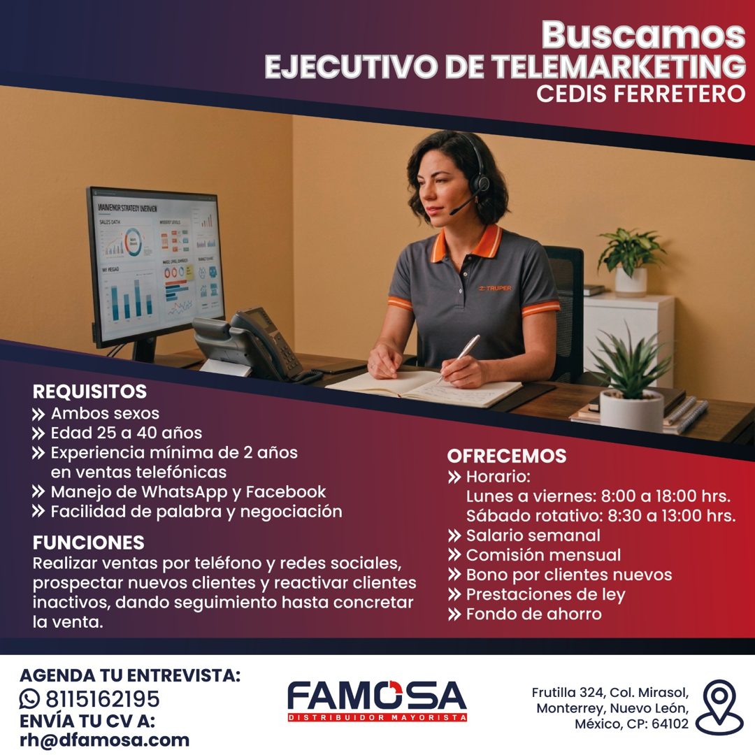 Banner del anuncio de la vacante: Buscamos · EJECUTIVO DE TELEMARKETING · CEDIS FERRETERO · WAIN ENCR STRATEUY NERVIEN · SALES DATH · Z TRUPER · REQUISITOS · » Ambos sexos · 