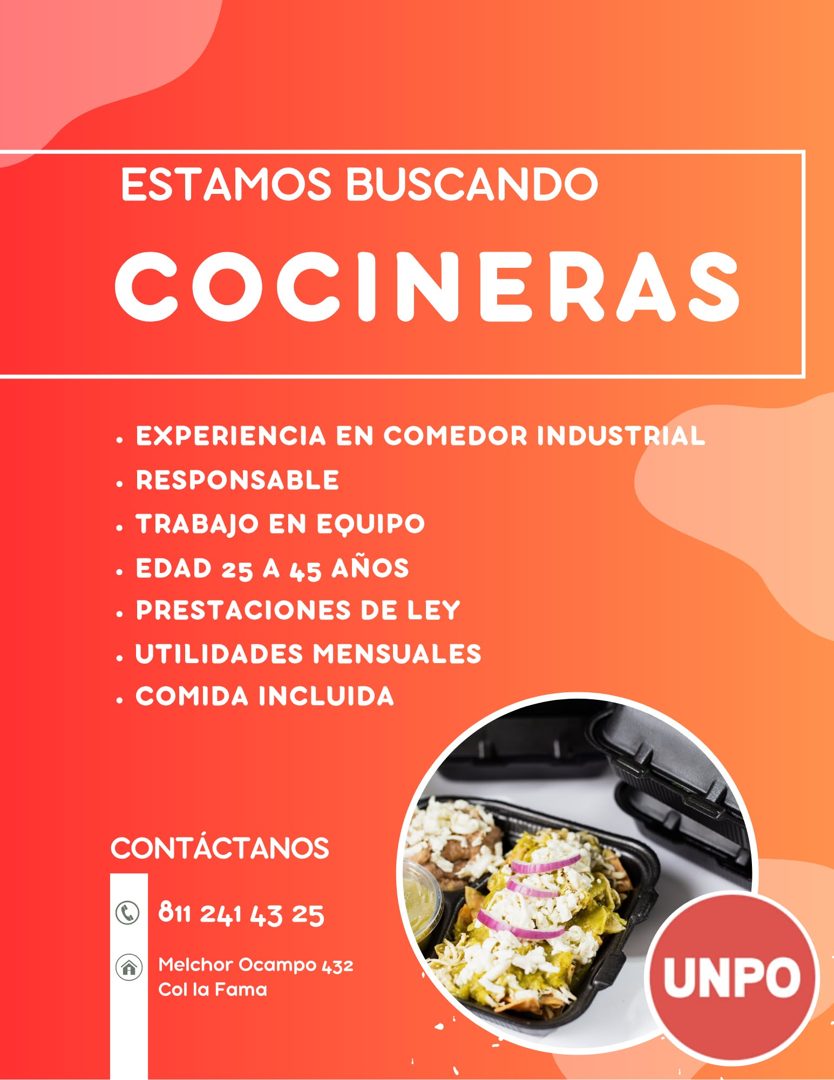 Banner del anuncio de la vacante: ESTAMOS BUSCANDO · COCINERAS · • EXPERIENCIA EN COMEDOR INDUSTRIAL · • RESPONSABLE · • TRABAJO EN EQUIPO · • EDAD 25 A 45 AÑOS · • PRESTACIO