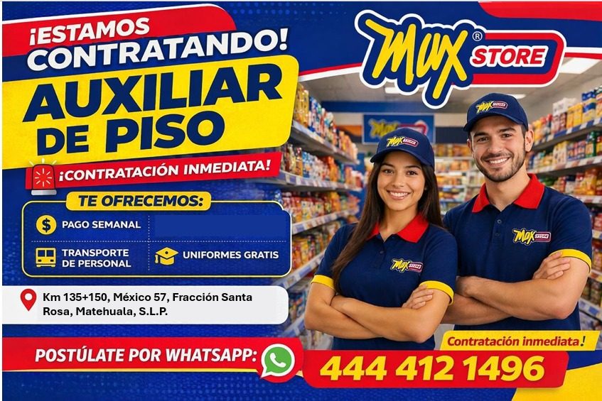 Banner del anuncio de la vacante: ¡ESTAMOS · CONTRATANDO! · AUXILIAR · DE PISO · ¡CONTRATACIÓN INMEDIATA! · TE OFRECEMOS: · PAGO SEMANAL · TRANSPORTE · DE PERSONAL · UNIFORME