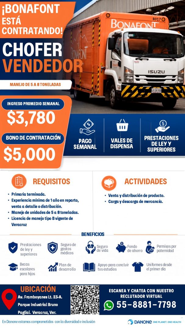 Banner del anuncio de la vacante: •BONAFONT · ESTÁ · CONTRATANDO! · CHOFER · NEON · VENDEDOR · MANEJO DE 5 A 8 TONELADAS · BONAEONT · 88170 · ISUZU · INGRESO PROMEDIO SEMANAL