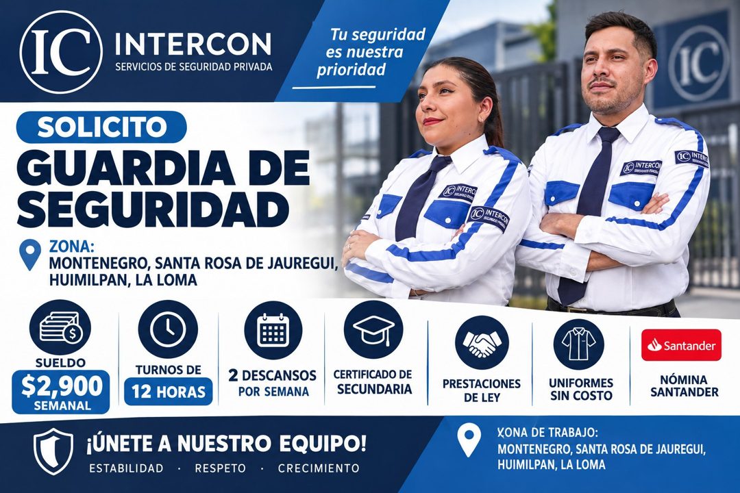 Banner del anuncio de la vacante: IC · INTERCON · SERVICIOS DE SEGURIDAD PRIVADA · Tu seguridad · es nuestra · prioridad · SOLICITO · GUARDIA DE · SEGURIDAD · ZONA: · MONTENE