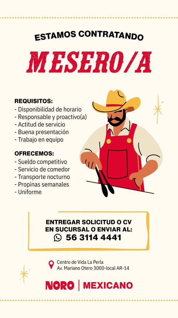Banner del anuncio de la vacante: ESTAMOS CONTRATANDO · MESERO/A · REQUISITOS: · - Disponibilidad de horario · - Responsable y proactivo(a) · - Actitud de servicio · - Buena 