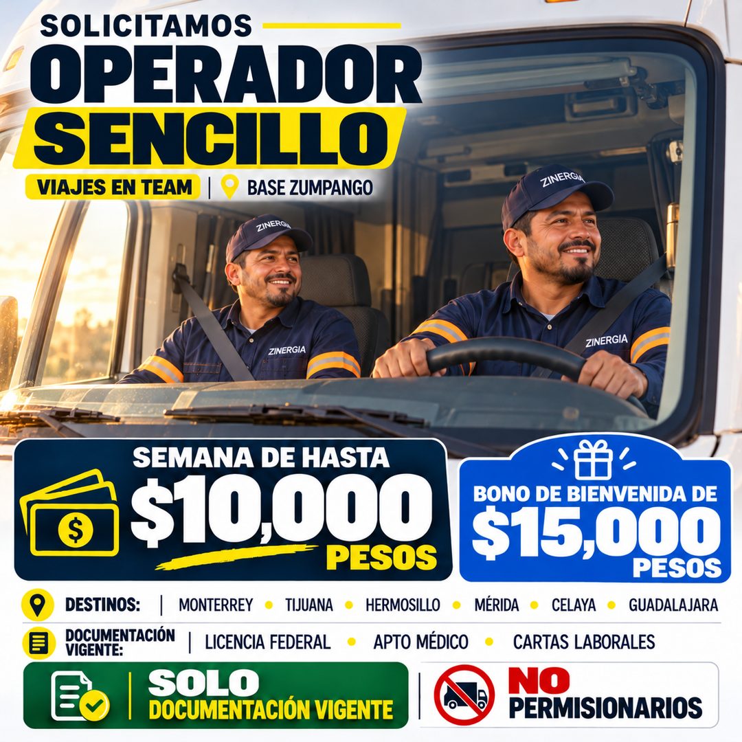 Banner del anuncio de la vacante: SOLICITAMOS · OPERADOR · SENCILLO · VIAJES EN TEAM · BASE ZUMPANGO · ZINERON · ZINERGIA · ZINERGIA · ZINERGIA · DESTINOS: · DOCUMENTACIÓN · 
