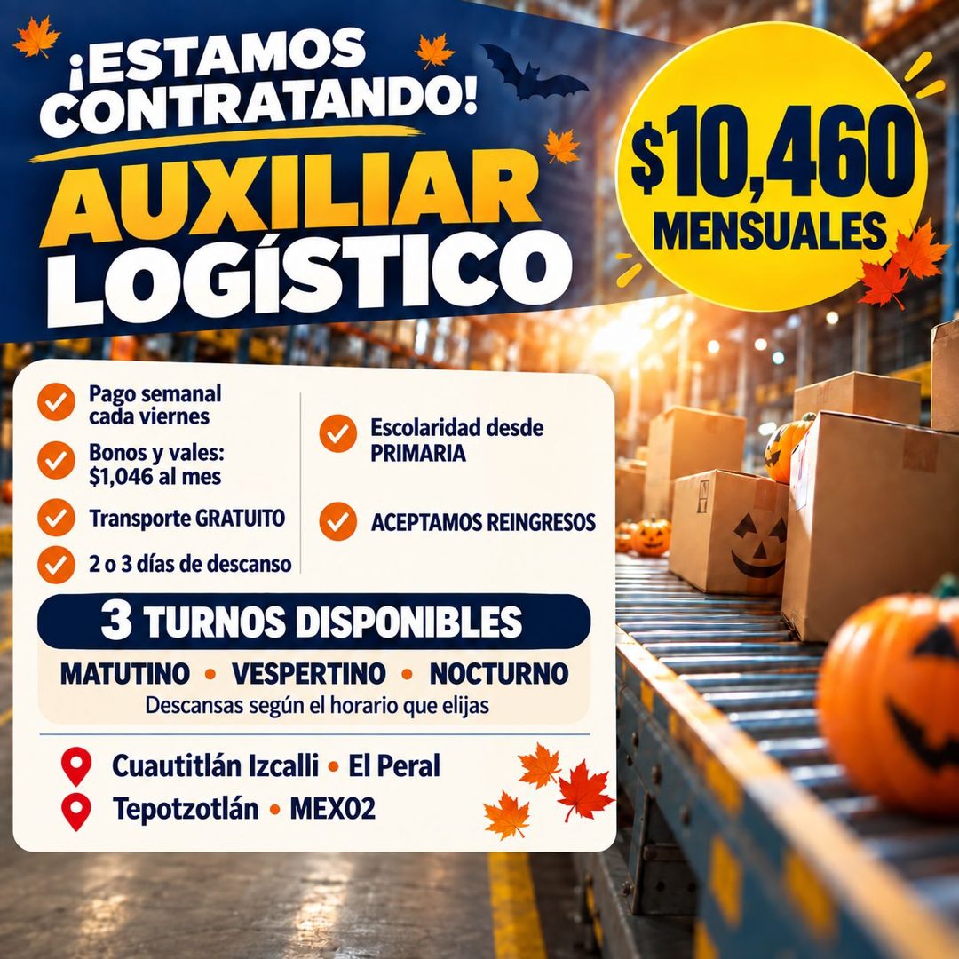Banner del anuncio de la vacante: ¡ESTAMOS · CONTRATANDO! · AUXILIAR · LOGISTICO · $10,460 · MENSUALES · Pago semanal · cada viernes · Bonos y vales: · $1,046 al mes · Transp