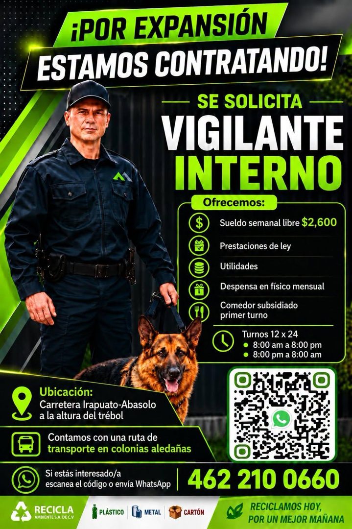 Banner del anuncio de la vacante: APOR EXPANSIÓN · ESTAMOS CONTRATANDO! · — SE SOLICITA · VIGILANTE · INTERNO · Ofrecemos: · $ · Sueldo semanal libre $2,600 · Prestaciones de