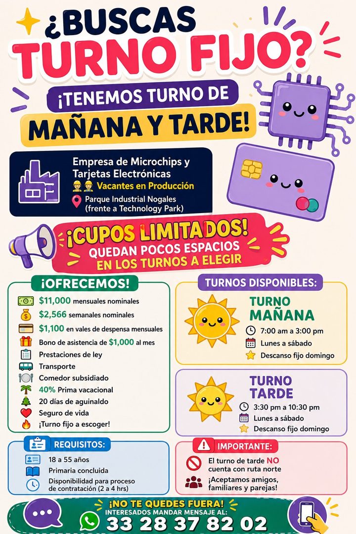 Banner del anuncio de la vacante: ¿BUSCAS · TURNO FIJO? · ¡TENEMOS TURNO DE · MAÑANA Y TARDE! · Empresa de Microchips y · Tarjetas Electrónicas · Vacantes en Producción · Par