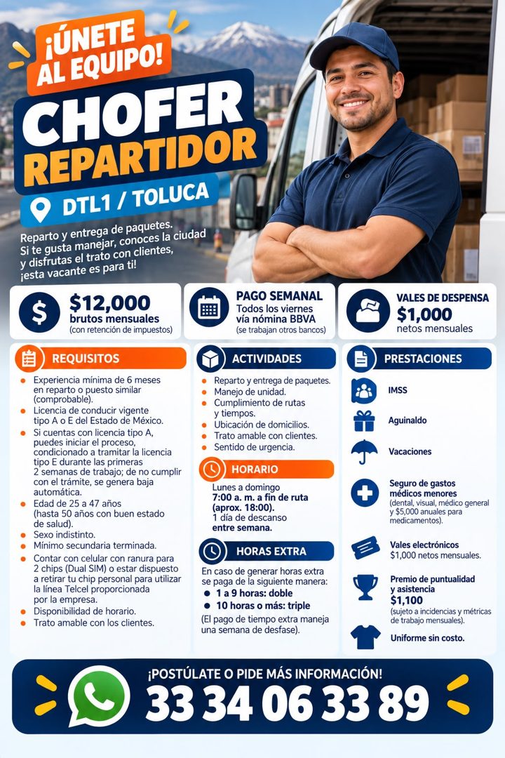 Banner del anuncio de la vacante: ¡ÚNETE · AL EQUIPO! · CHOFER · REPARTIDOR · DTL1 / TOLUCA · Reparto y entrega de paquetes. · Si te gusta manejar, conoces la ciudad · y disf