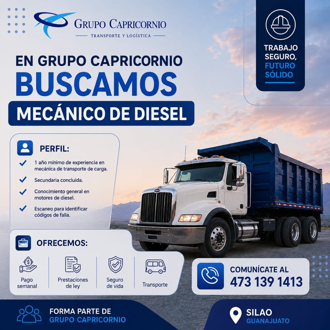 Banner del anuncio de la vacante: GRUPO CAPRICORNIO · TRANSPORTE Y LOGÍSTICA - · EN GRUPO CAPRICORNIO · BUSCAMOS · MECÁNICO DE DIESEL · PERFIL: · 1 año mínimo de experiencia 