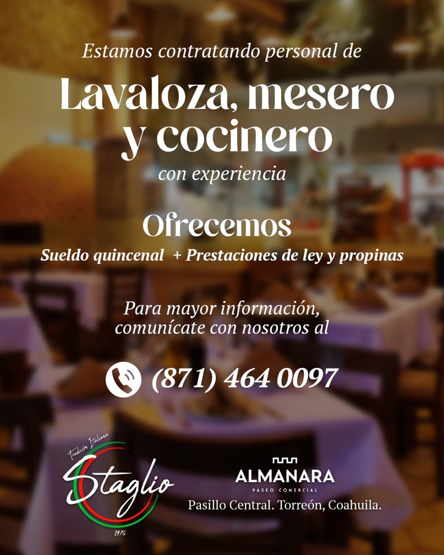 Banner del anuncio de la vacante: Estamos contratando personal de · Lavaloza, mesero · y cocinero · con experiencia · Ofrecemos · Sueldo quincenal + Prestaciones de ley y pro