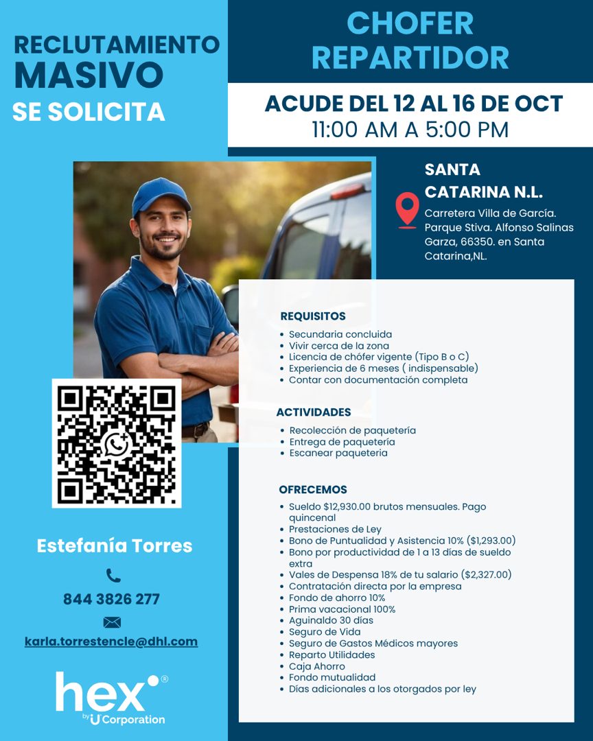 Banner del anuncio de la vacante: RECLUTAMIENTO · MASIVO · SE SOLICITA · CHOFER · REPARTIDOR · ACUDE DEL 12 AL 16 DE OCT · 11:00 AM A 5:00 PM · SANTA · CATARINA N.L. · Carret
