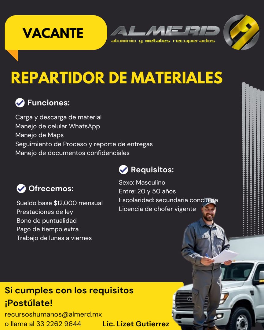 Banner del anuncio de la vacante: VACANTE · ALMERD · aluminio y metales recuperados · REPARTIDOR DE MATERIALES · Funciones: · Carga y descarga de material · Manejo de celular