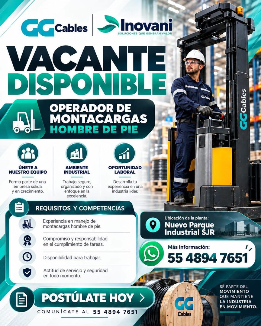 Banner del anuncio de la vacante: C Cables · Inovani · SOLUCIONES QUE GENERAN VALOR · VACANTE · DISPONIBLE · OPERADOR DE · MONTACARGAS · HOMBRE DE PIE · GG Cobe · C Cabies · 
