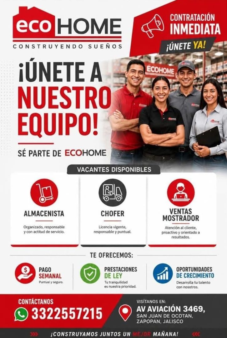 Banner del anuncio de la vacante: eco · HOME · CONSTRUYENDO SUENOS · ¡ÚNETE A · NUESTRO · EQUIPO! · SÉ PARTE DE ECOHOME · VACANTES DISPONIBLES · CONTRATACIÓN · INMEDIATA · ¡Ú