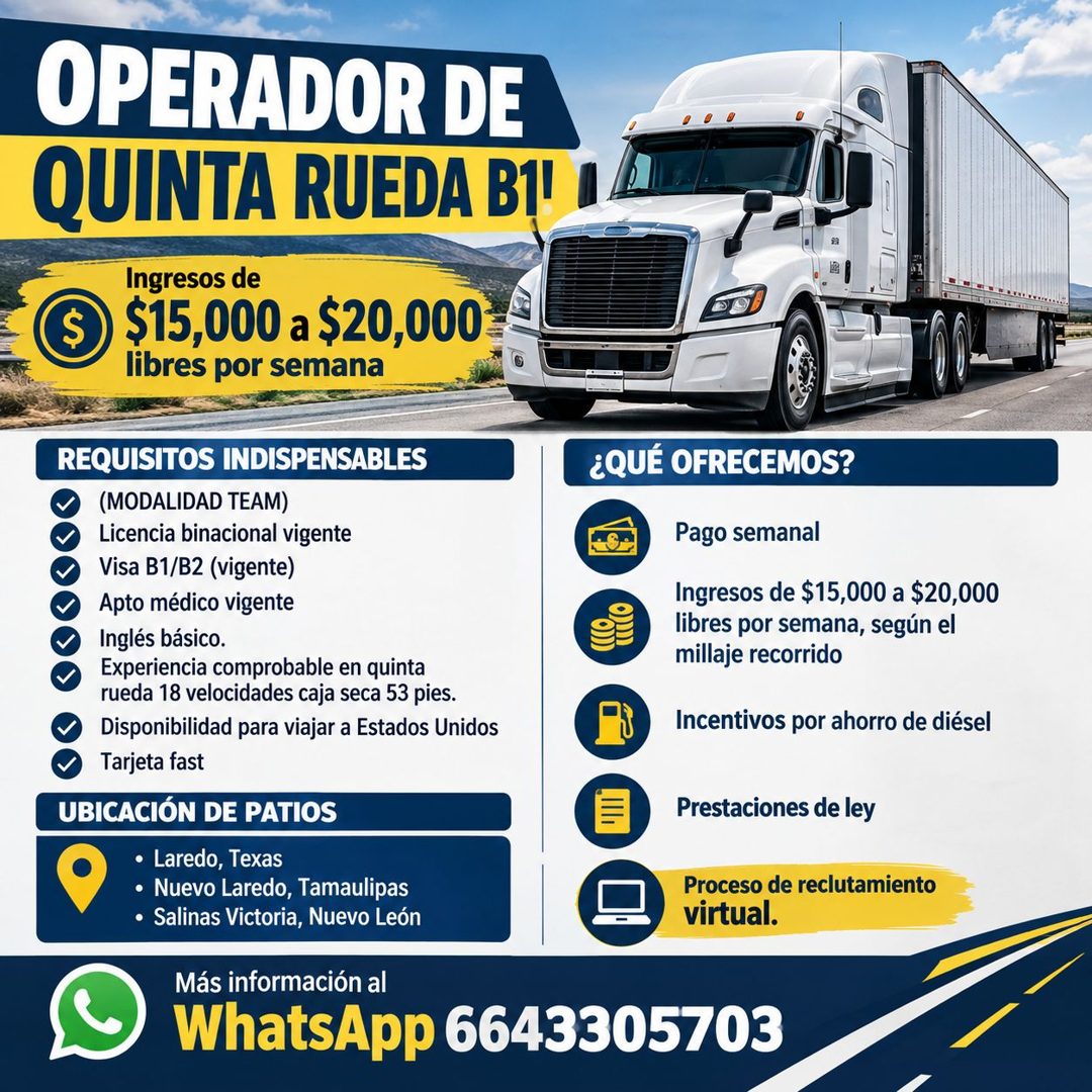 Banner del anuncio de la vacante: OPERADOR DE · QUINTA RUEDA B1! · Ingresos de · $15,000 a $20,000 · libres por semana · REQUISITOS INDISPENSABLES · (MODALIDAD TEAM) · Licenc