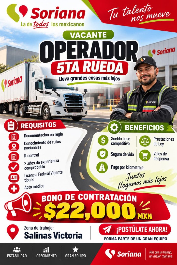 Banner del anuncio de la vacante: • Soriana · La de todos los mexicanos · VACANTE · OPERADOR · 5TA RUEDA · Lleva grandes cosas más lejos · Tu talento · nos mueve · Soriana · 